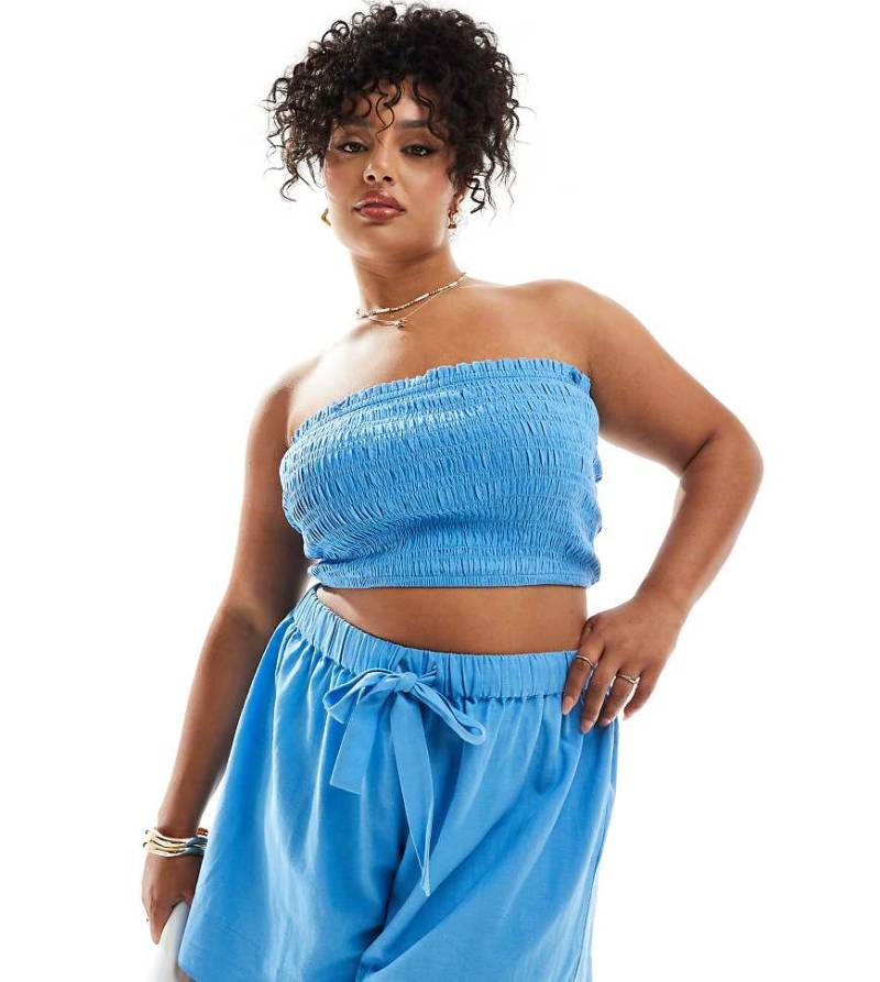 ASOS DESIGN Curve - Isabel - Mix and Match - Trägerloses, gesmoktes Strandoberteil in blauer Leinenoptik von ASOS Curve