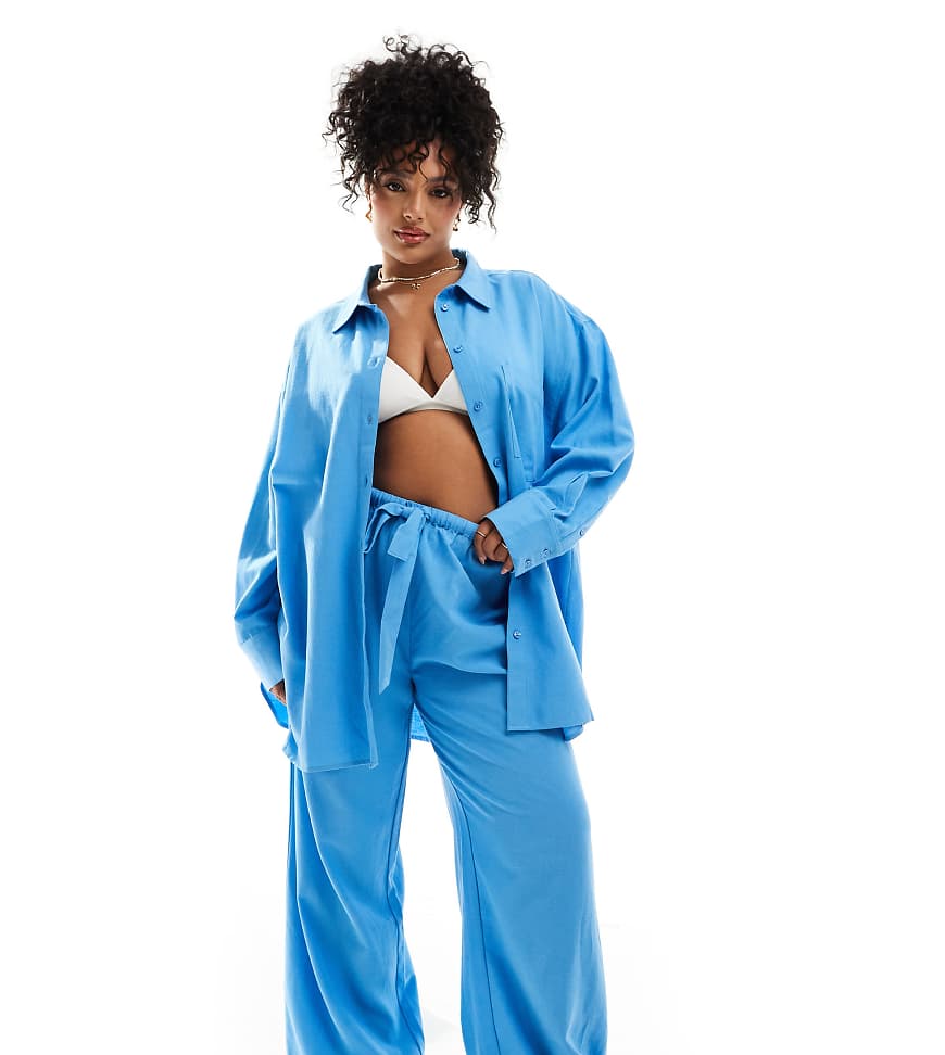ASOS DESIGN Curve - Isabel - Mix & Match - Strandhose in blauer Leinenoptik mit Bindegürtel von ASOS Curve