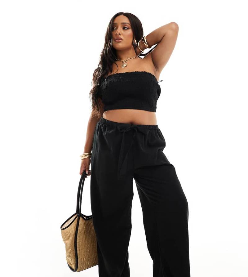 ASOS DESIGN Curve - Isabel - Mix and Match - Strandhose in schwarzer Leinenoptik mit Kordelzugbund von ASOS Curve