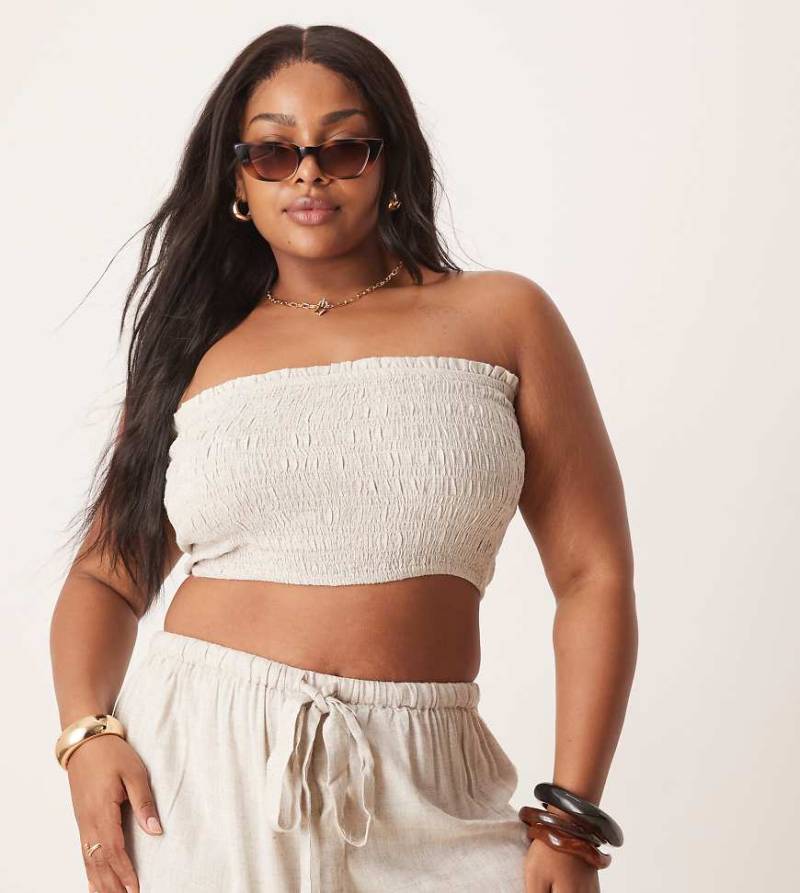ASOS DESIGN Curve - Isabel - Mix & Match - Trägerloses Strandoberteil aus Leinenmix in Naturton mit Bindegürtel-Neutral von ASOS Curve