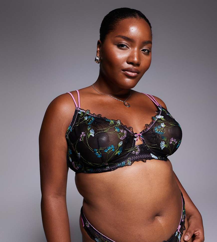 ASOS DESIGN Curve - Jamie - Bügel-BH in Schwarz und Rosa mit Blumenstickerei und Satineinfassung von ASOS Curve