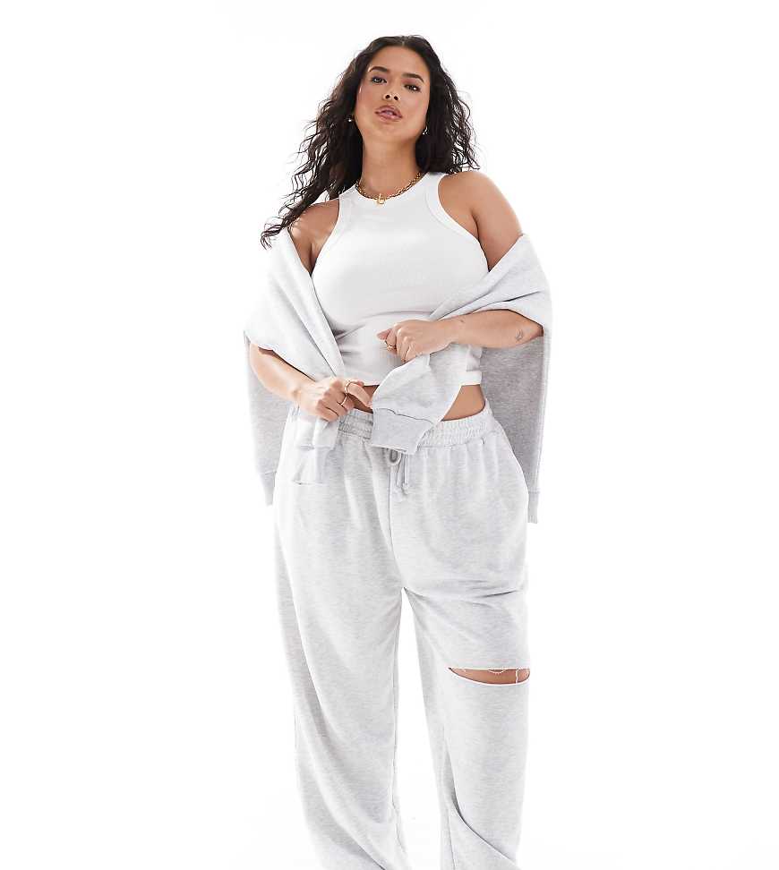 ASOS DESIGN Curve - Jogginghose in Grau meliert mit weitem Bein und Knierissen von ASOS Curve