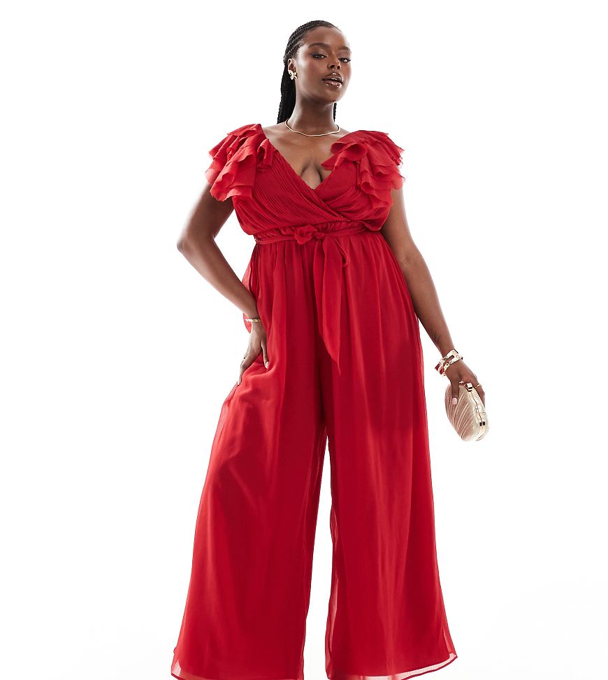 ASOS DESIGN Curve - Jumpsuit in Rot mit Rüschen, gewickelter Vorderseite und Bindegürtel-Orange ASOS DESIGN Curve - Jumpsuit in Rot mit Rüschen, gewickelter Vorderseite und Bindegürtel-Orange von ASOS Curve