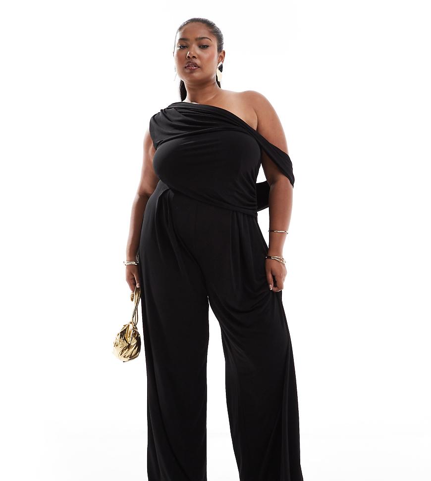 ASOS DESIGN Curve - Jumpsuit in Schwarz mit abfallender Schulter und weitem Bein ASOS DESIGN Curve - Jumpsuit in Schwarz mit abfallender Schulter und weitem Bein von ASOS Curve