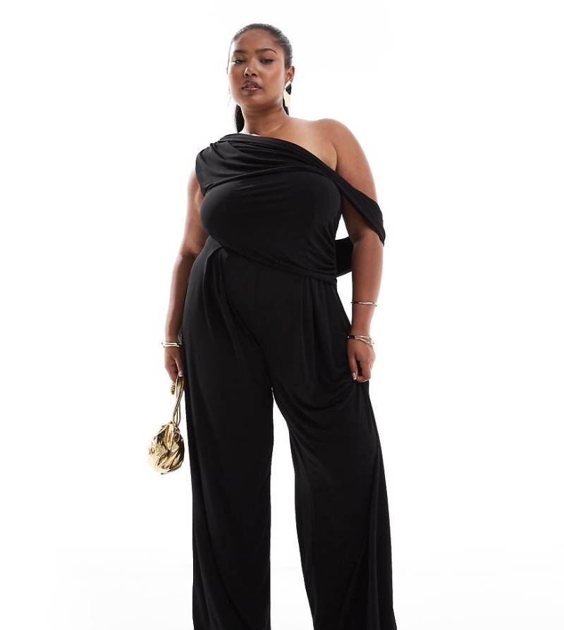 ASOS DESIGN Curve - Jumpsuit in Schwarz mit abfallender Schulter und weitem Bein von ASOS Curve