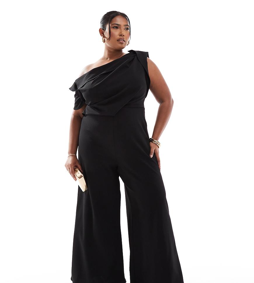 ASOS DESIGN Curve - Jumpsuit in Schwarz mit abfallender Schulterpartie, gefaltetem Detail und weitem Bein-Rot von ASOS Curve
