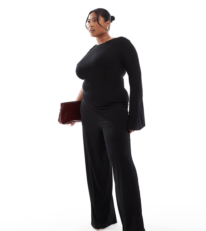 ASOS DESIGN Curve - Jumpsuit in Schwarz mit einem Ärmel, gebundenem Träger und weitem Bein von ASOS Curve