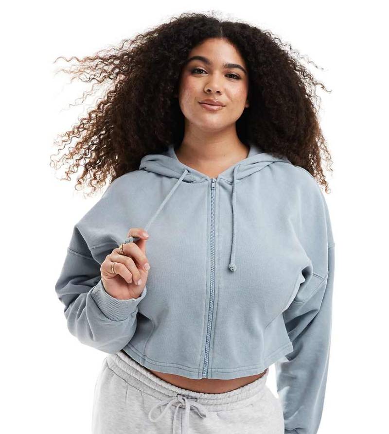 ASOS DESIGN Curve - Kapuzenpullover in blauer Waschung mit Ziernähten und durchgehendem Reißverschluss von ASOS Curve