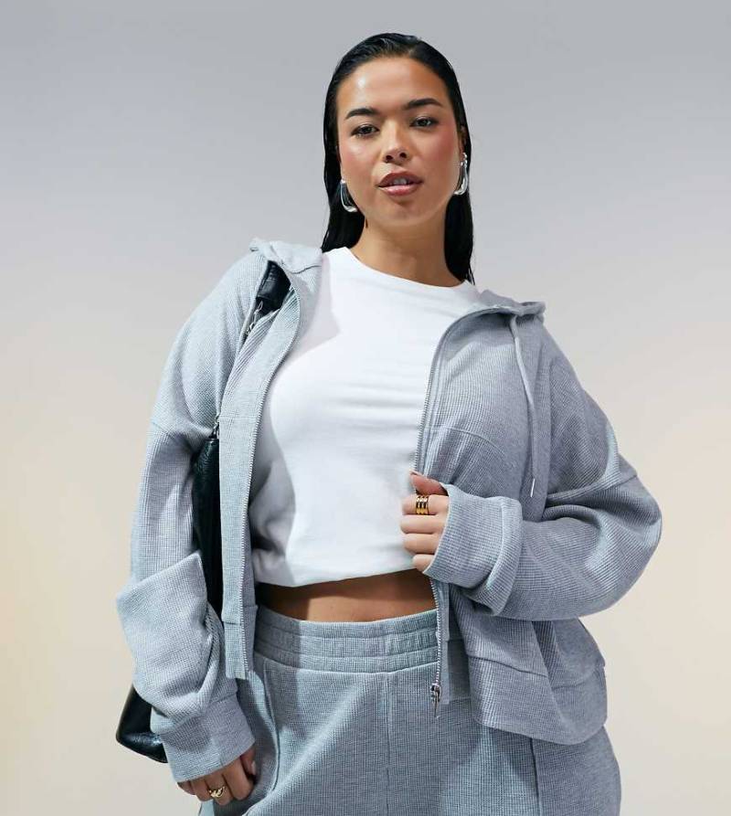 ASOS DESIGN Curve - Kapuzenpullover in meliertem Grau mit Waffelstruktur, Kombiteil von ASOS Curve