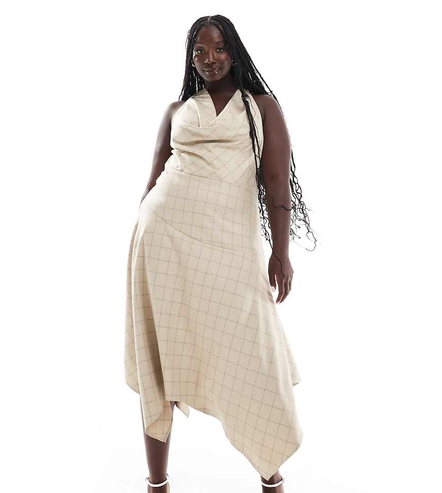 ASOS DESIGN Curve - Kariertes Midikleid mit Wasserfallausschnitt, Neckholder und weitem Rock-Bunt ASOS DESIGN Curve - Kariertes Midikleid mit Wasserfallausschnitt, Neckholder und weitem Rock-Bunt von ASOS Curve