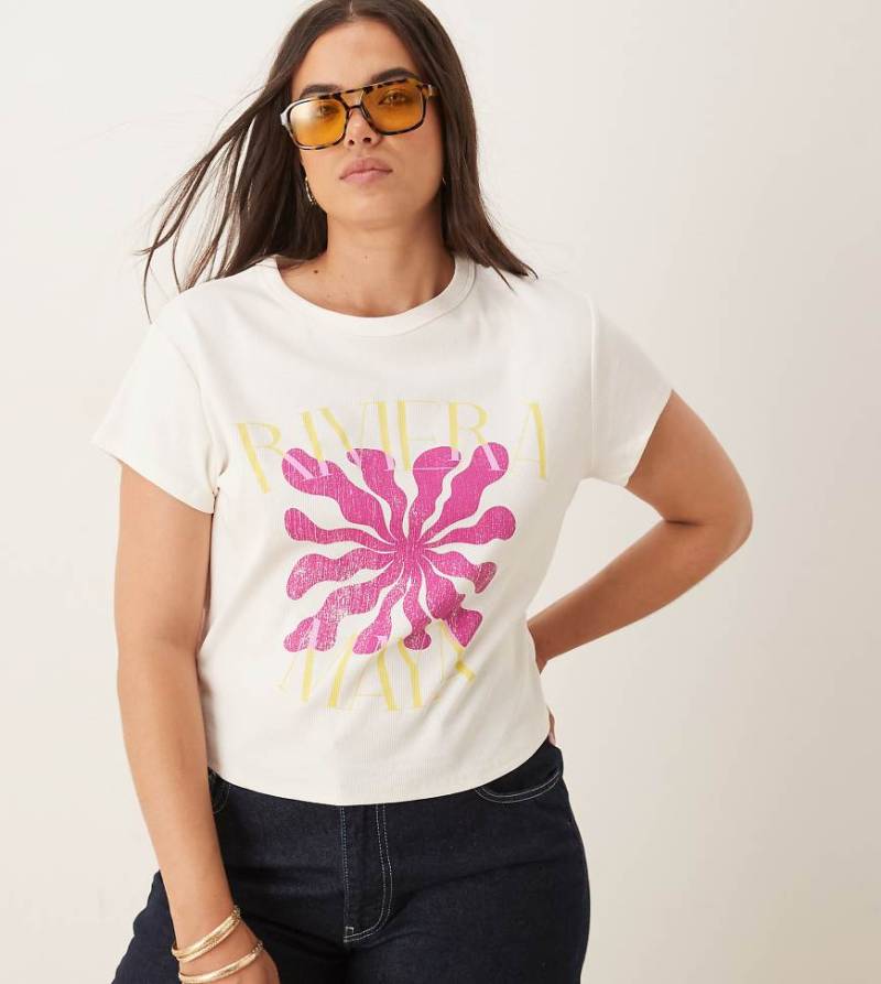 ASOS DESIGN Curve - Knapp geschnittenes T-Shirt in Cremeweiß mit lila Blumenprint von ASOS Curve