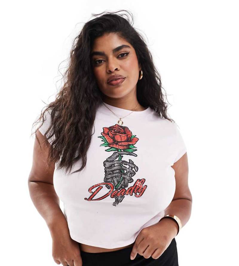 ASOS DESIGN Curve - Knapp geschnittenes T-Shirt in Rosa mit Rosen-Print-Schwarz von ASOS Curve