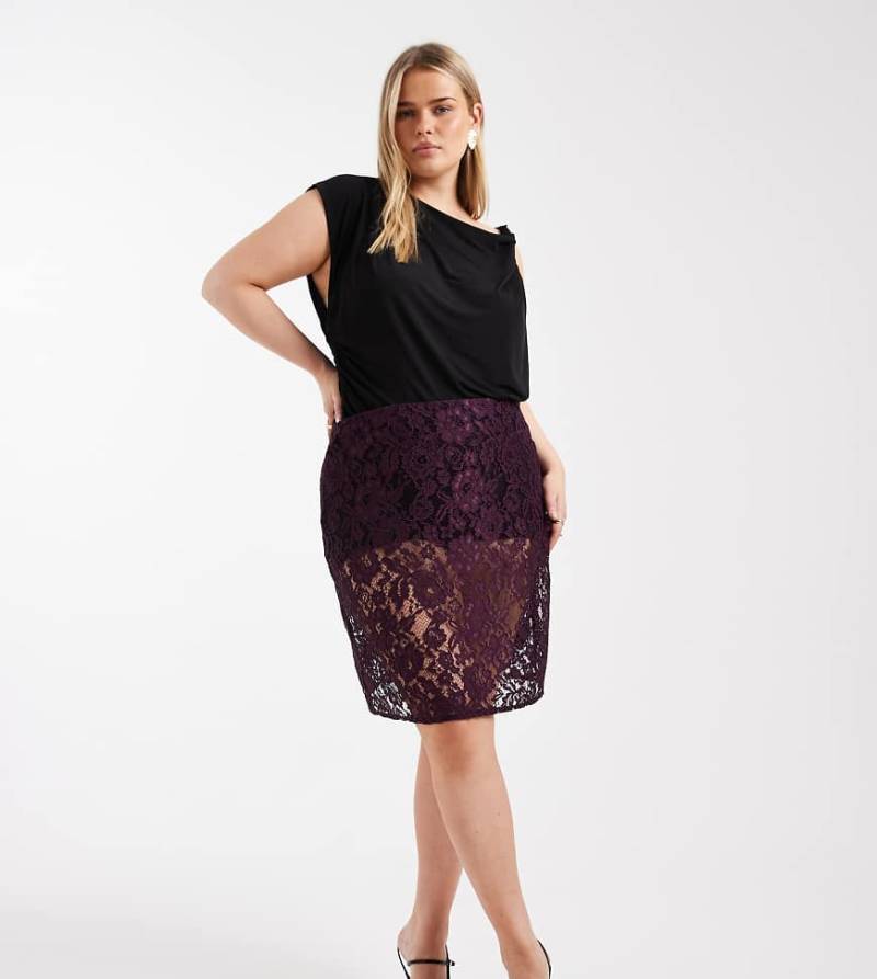 ASOS DESIGN Curve - Knielanger Rock in Pflaume aus transparenter Spitze-Lila von ASOS Curve