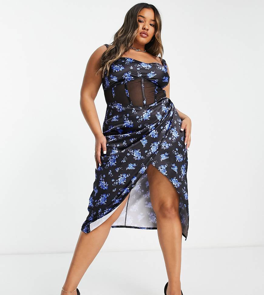 ASOS DESIGN Curve - Korsett-Midikleid aus Netzstoff in Schwarz mit Blümchenmuster-Bunt von ASOS Curve