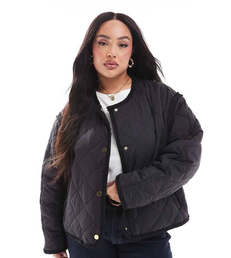 ASOS DESIGN Curve - Kragenlose Bouclé-Steppjacke in Schwarz von ASOS Curve