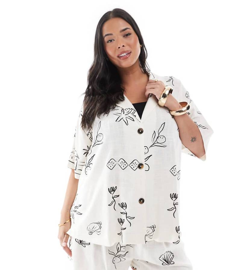 ASOS DESIGN Curve - Kurzärmeliges Hemd aus einer Leinenmix mit Skizzenprint, Kombiteil-Bunt von ASOS Curve