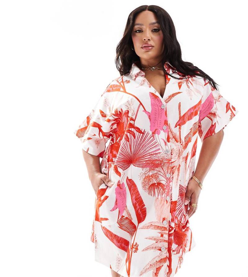 ASOS DESIGN Curve - Kurzärmliges, kastiges Mini-Hemdkleid in Leinenoptik mit tropischem Muster in Rot-Bunt von ASOS Curve
