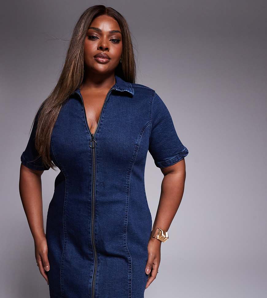 ASOS DESIGN Curve - Kurzärmliges Minikleid aus Denim in dunkler Waschung mit durchgehendem Reißverschluss-Blau ASOS DESIGN Curve - Kurzärmliges Minikleid aus Denim in dunkler Waschung mit durchgehendem Reißverschluss-Blau von ASOS Curve