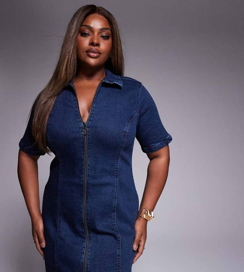 ASOS DESIGN Curve - Kurzärmliges Minikleid aus Denim in dunkler Waschung mit durchgehendem Reißverschluss-Blau von ASOS Curve