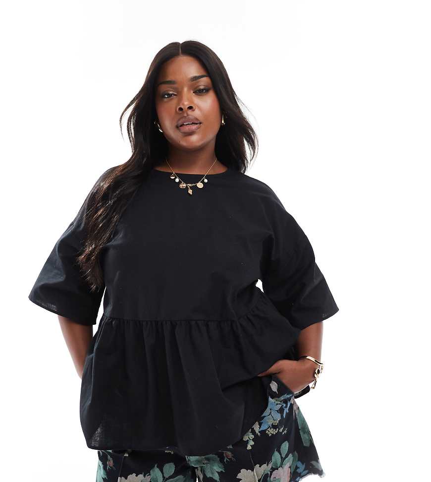 ASOS DESIGN Curve - Kurzärmliges Oversize-Schößchenoberteil im Hängerchen-Stil aus Leinenmix in Schwarz von ASOS Curve