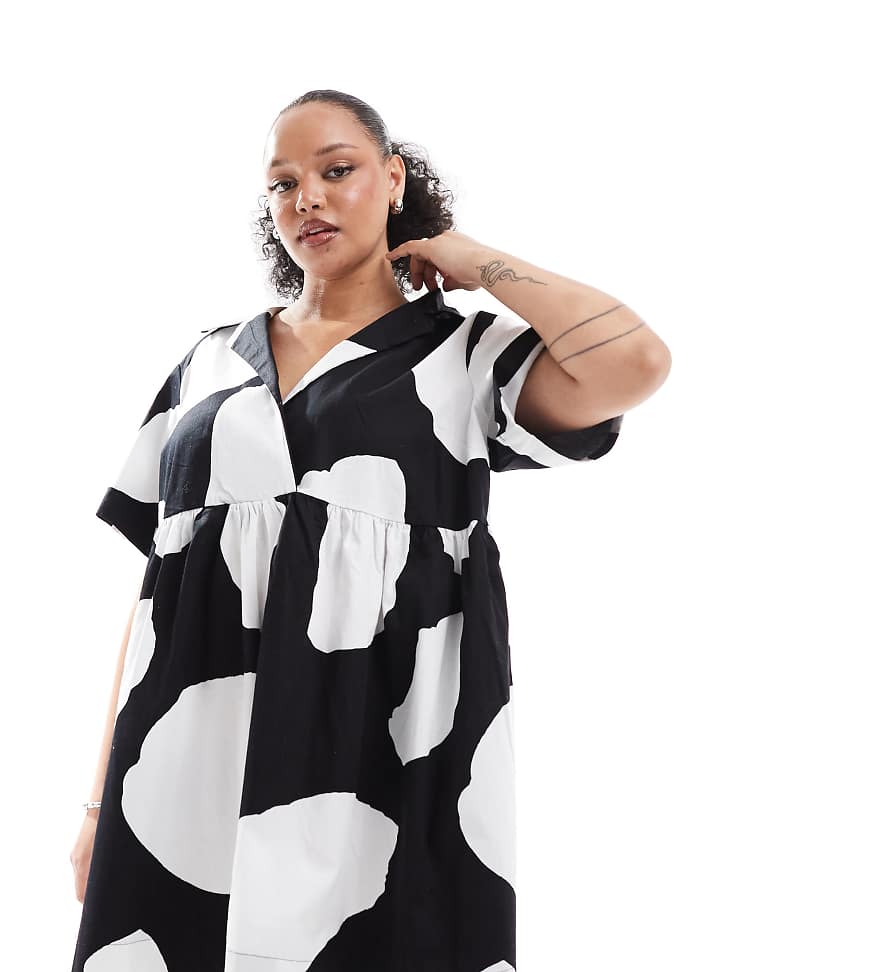 ASOS DESIGN Curve - Kurzes Hemdblusenkleid in Schwarz-Weiß mit Korsettsaum, Reverskragen und verwischtem Muster-Bunt ASOS DESIGN Curve - Kurzes Hemdblusenkleid in Schwarz-Weiß mit Korsettsaum, Reverskragen und verwischtem Muster-Bunt von ASOS Curve