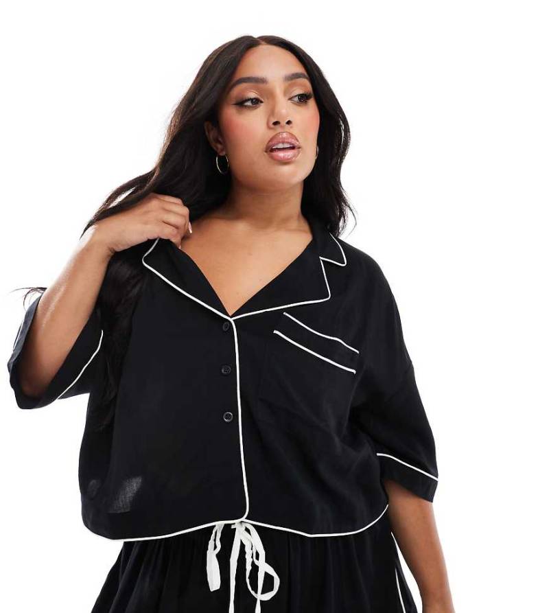 ASOS DESIGN Curve - Kurzes Pyjamahemd in Schwarz mit Kontrasteinfassung von ASOS DESIGN