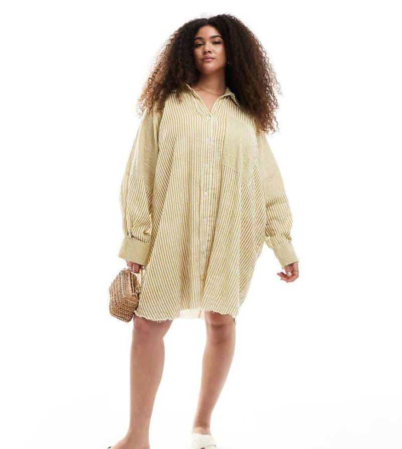 ASOS DESIGN Curve - Lässiges, gespleißtes Hemd-Minikleid in verwaschenem Limettengrün mit Streifen von ASOS Curve