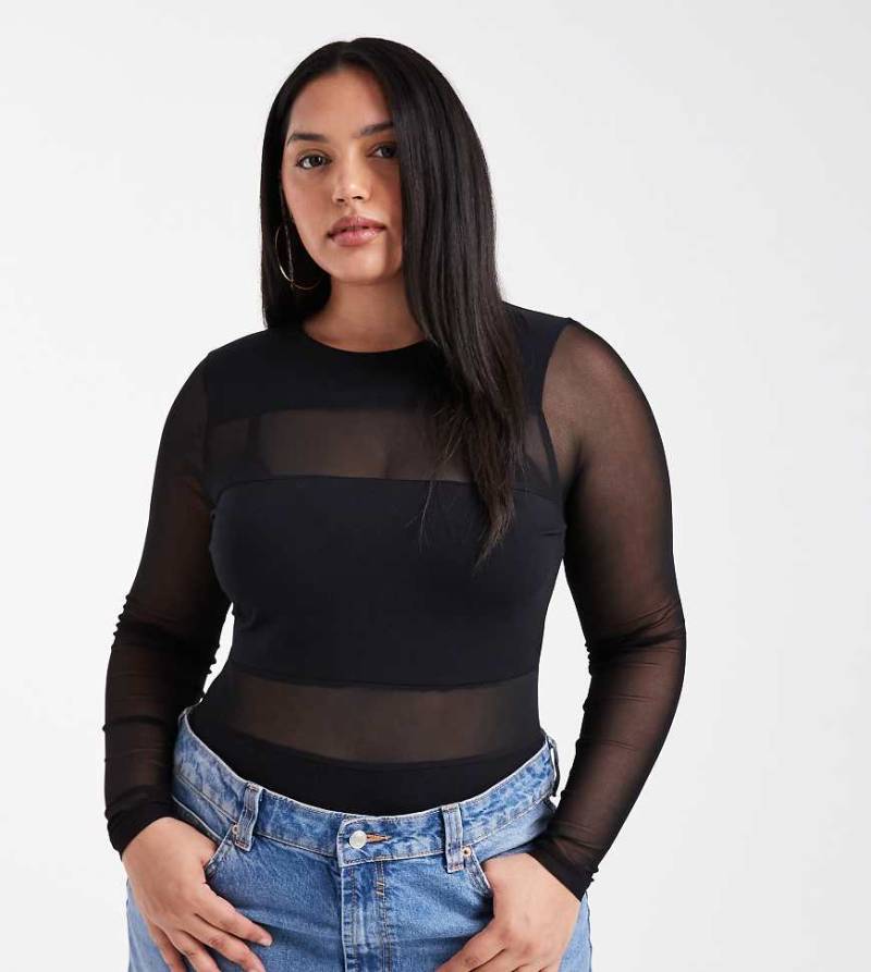 ASOS DESIGN Curve - Langärmliger Body aus Netzstoff-Mix in Schwarz mit Netzstoff-Einsätzen von ASOS Curve