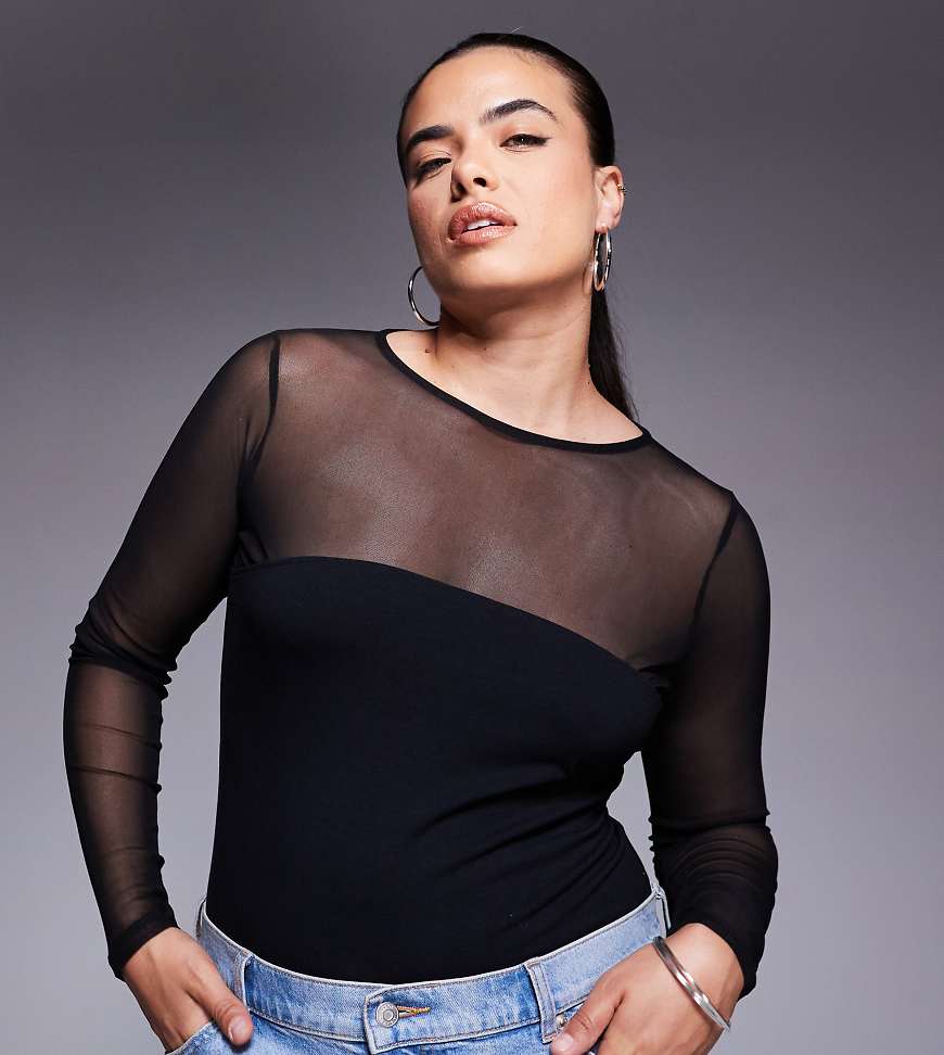 ASOS DESIGN Curve - Langärmliger Body aus Netzstoff in Schwarz mit Bahnendesign von ASOS Curve