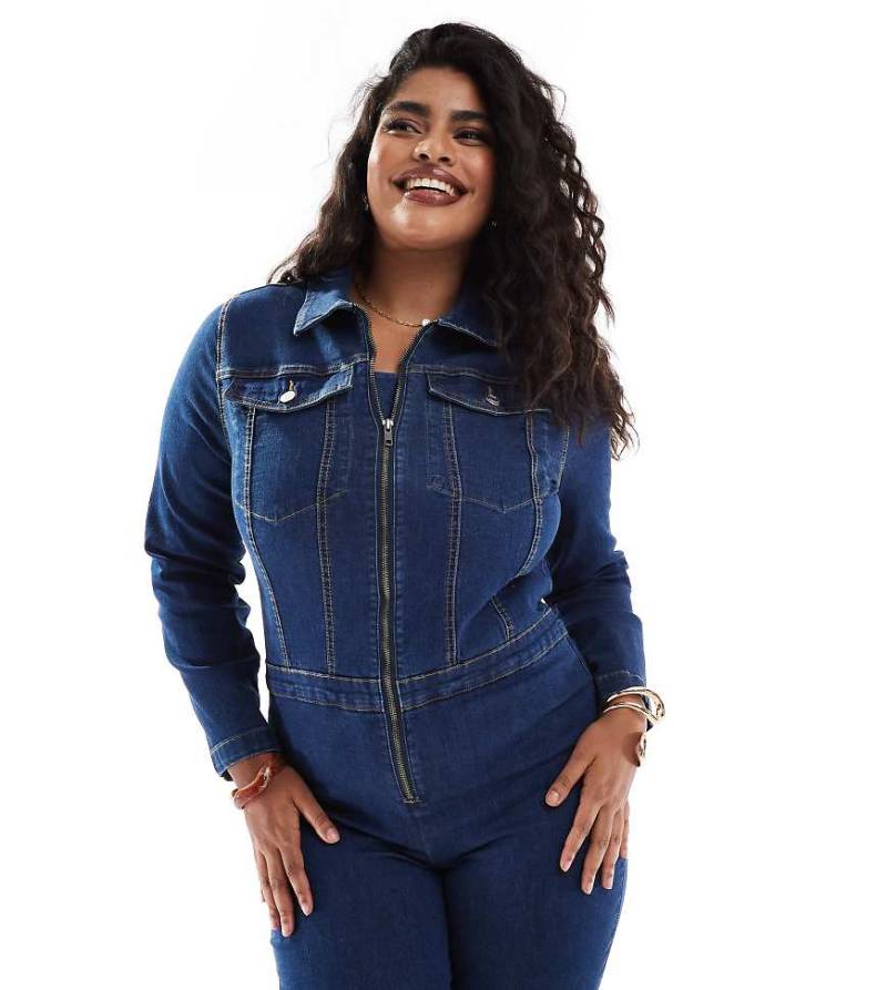 ASOS DESIGN Curve - Langärmliger Stretch-Jumpsuit im 70er-Stil in Dunkelblau von ASOS Curve
