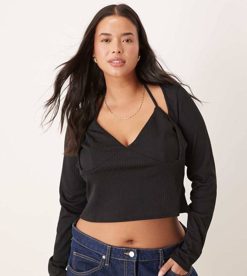 ASOS DESIGN Curve - Langärmliges, geripptes Neckholder-Oberteil in Schwarz von ASOS Curve