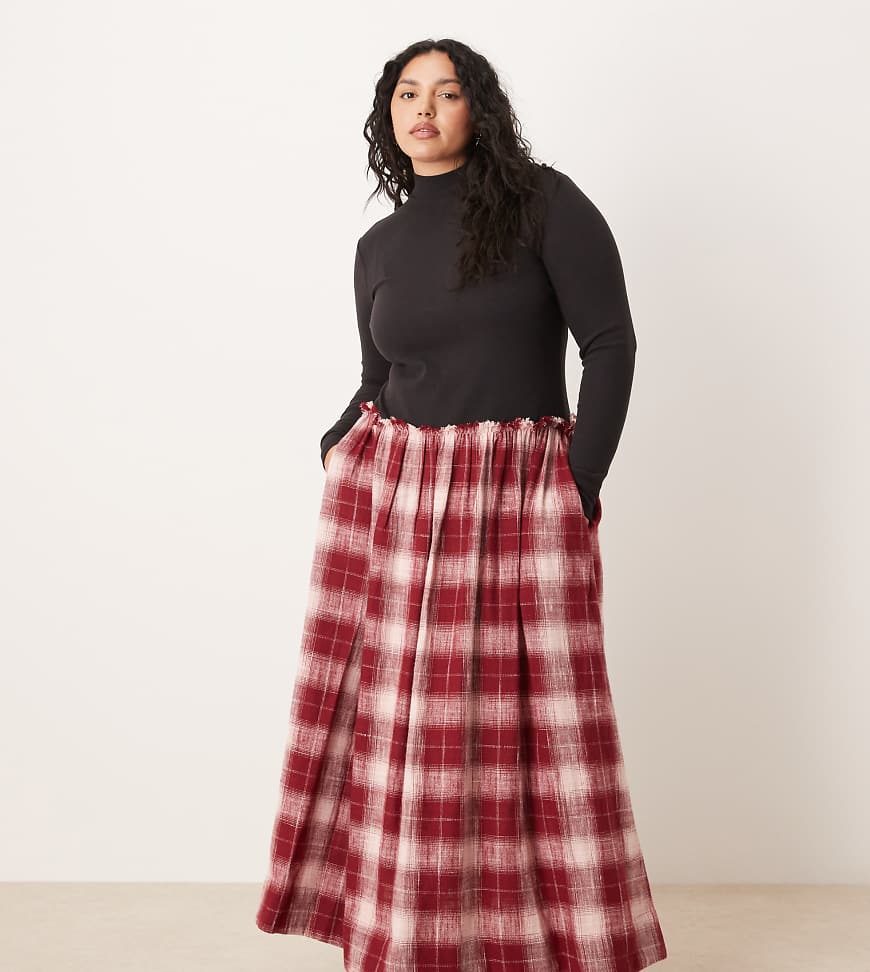ASOS DESIGN Curve - Langärmliges, hochgeschlossenes, hybrides Maxikleid in rot kariert-Bunt von ASOS Curve