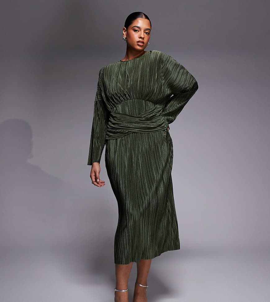 ASOS DESIGN Curve - Langärmliges, plissiertes Maxikleid in Khaki mit drapierter Taille-Grün von ASOS Curve