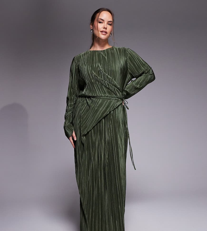 ASOS DESIGN Curve - Langärmliges, plissiertes Wickel-Maxikleid in Khaki mit Taillenschnürung-Grün von ASOS Curve
