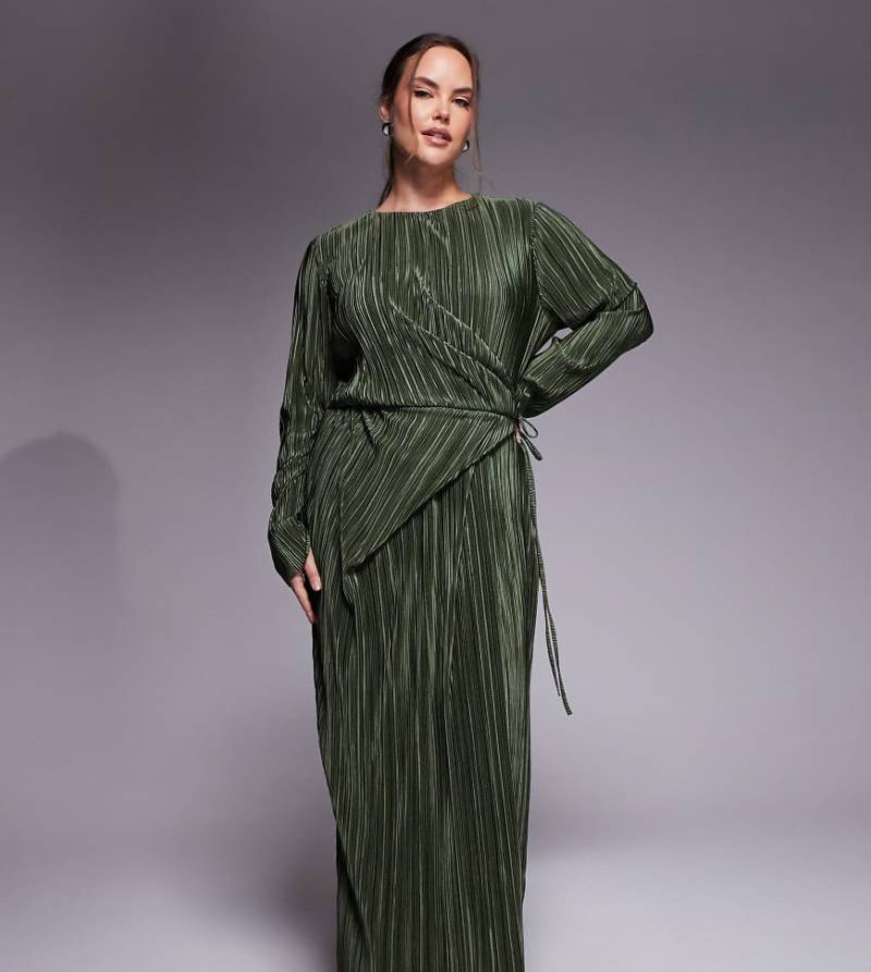 ASOS DESIGN Curve - Langärmliges, plissiertes Wickel-Maxikleid in Khaki mit Taillenschnürung-Grün von ASOS Curve