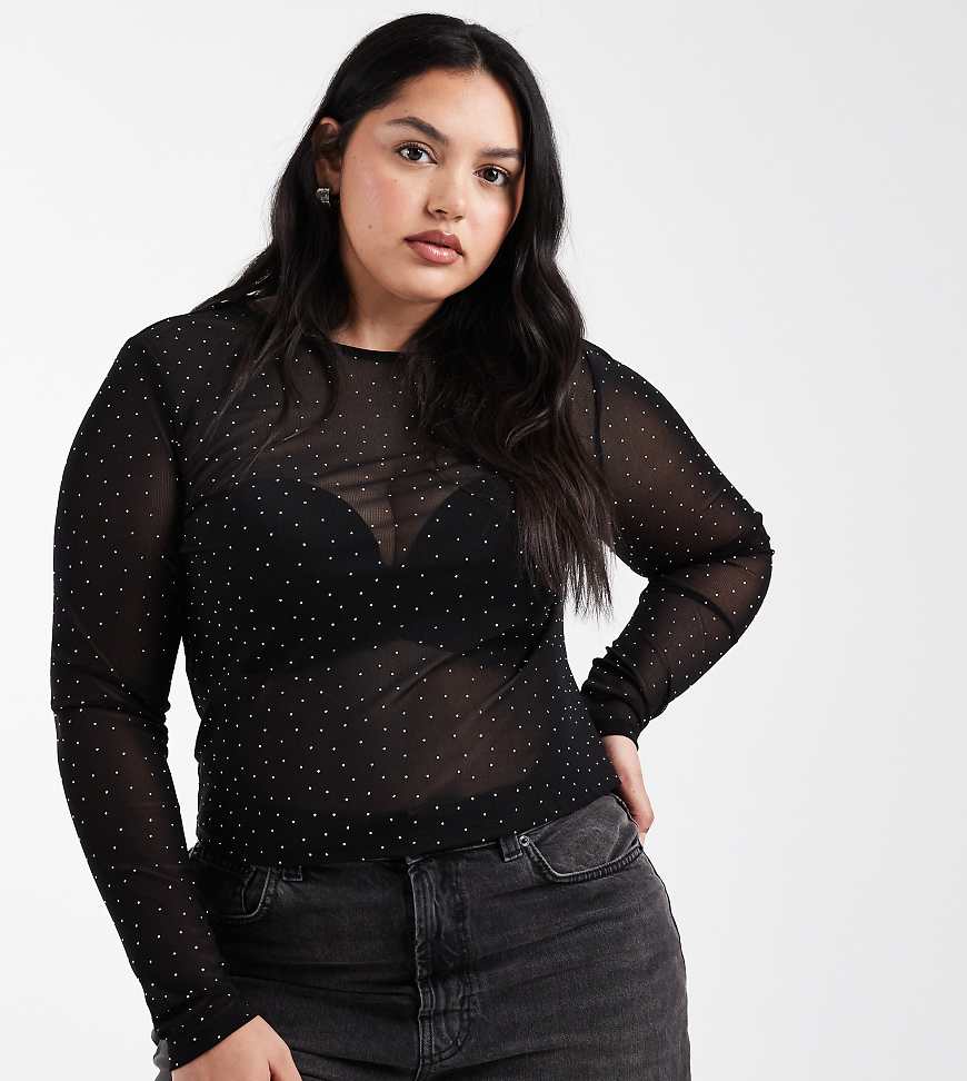 ASOS DESIGN Curve - Langärmliges, strukturiertes Netzstoff-Oberteil in Schwarz mit Hotfix-Verzierungen von ASOS Curve