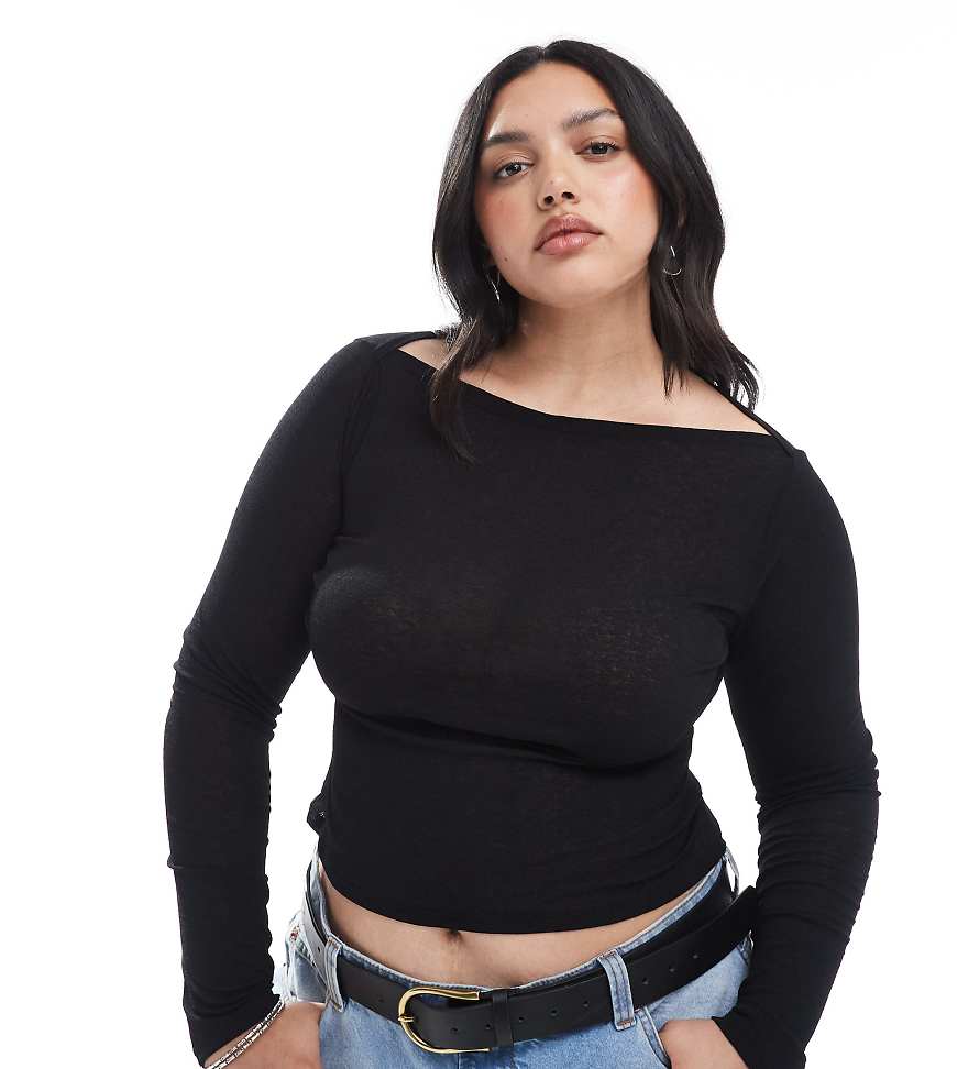 ASOS DESIGN Curve - Langärmliges, strukturiertes Netzstoff-Oberteil in Schwarz mit U-Boot-Ausschnitt von ASOS Curve