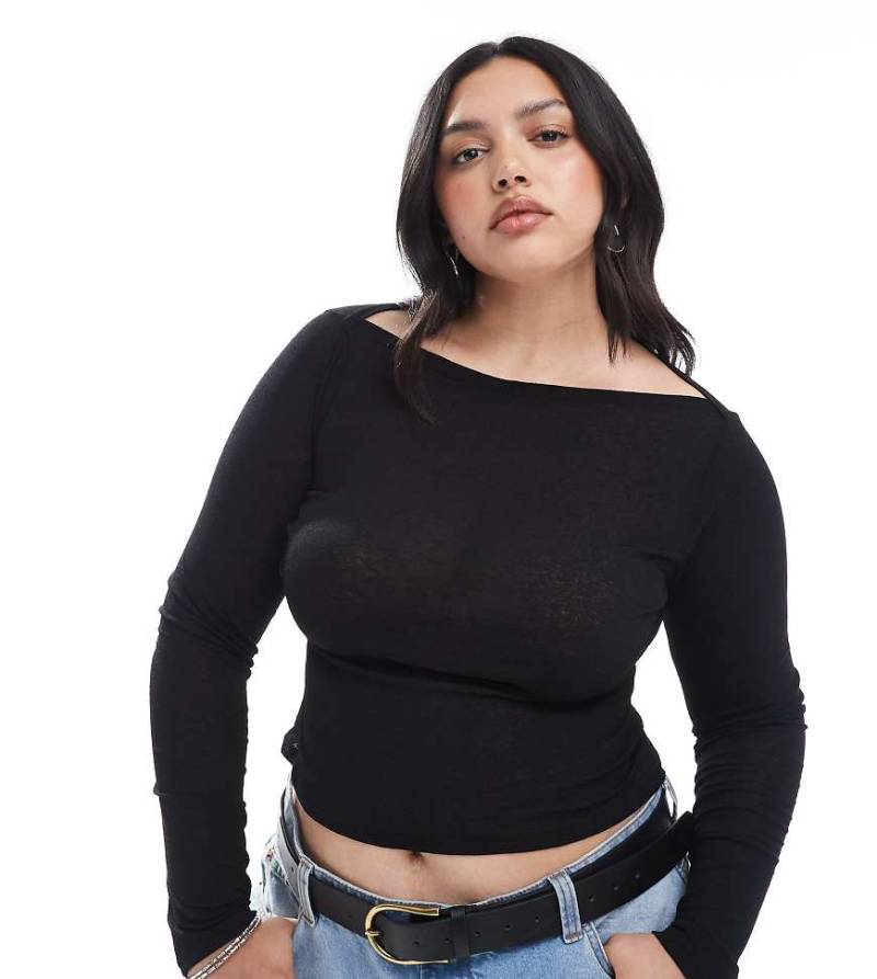 ASOS DESIGN Curve - Langärmliges, strukturiertes Netzstoff-Oberteil in Schwarz mit U-Boot-Ausschnitt von ASOS Curve