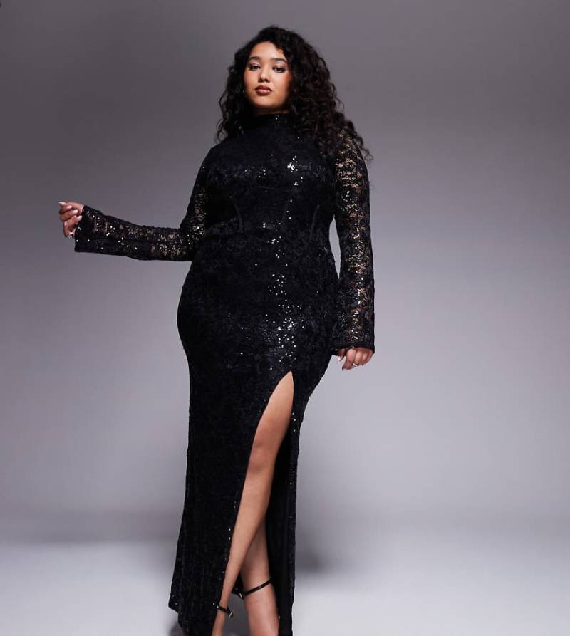 ASOS DESIGN Curve - Langärmliges, verziertes Maxikleid aus Spitze in Schwarz mit Schlitz von ASOS Curve