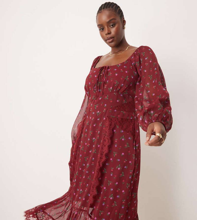 ASOS DESIGN Curve - Langärmliges, vorne gebundenes Midikleid mit schönem Blümchenmuster und Spitzeneinsätzen-Rot von ASOS Curve