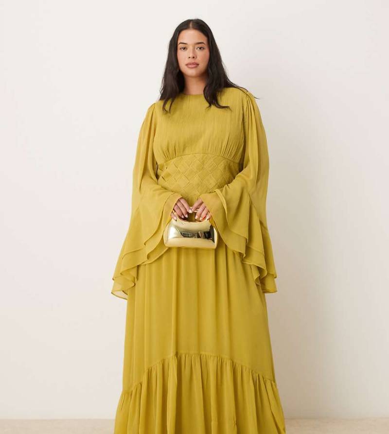 ASOS DESIGN Curve - Langärmliges Chiffon-Maxikleid in zartem Olivgrün mit Kreuzstich-Detail an der Taille von ASOS Curve