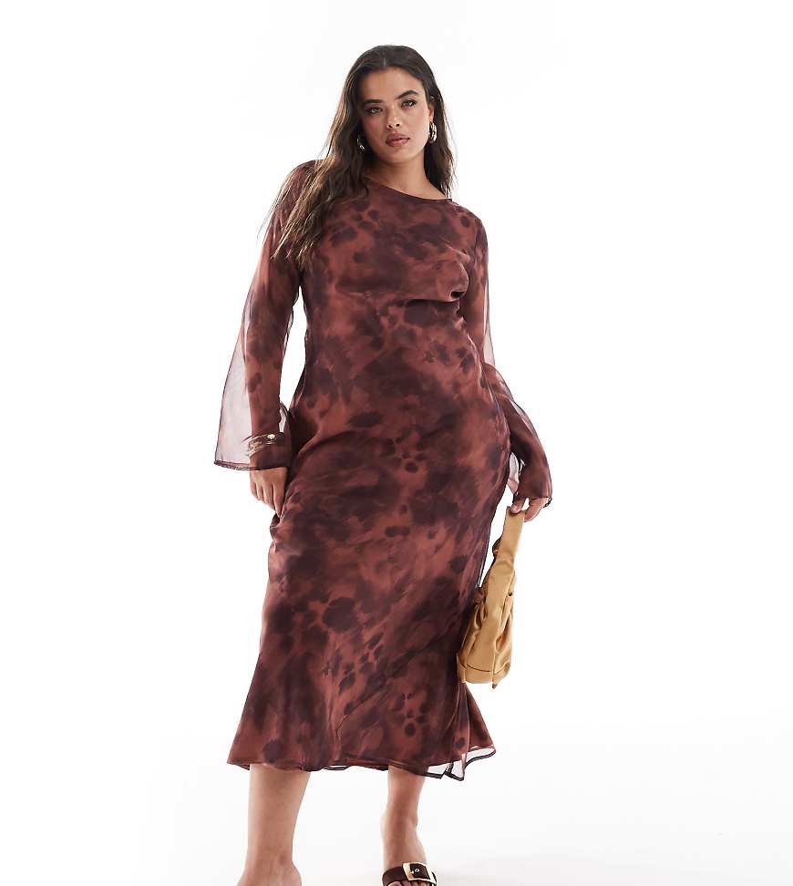 ASOS DESIGN Curve - Langärmliges Chiffon-Midikleid mit abstraktem Print in Braun-Bunt ASOS DESIGN Curve - Langärmliges Chiffon-Midikleid mit abstraktem Print in Braun-Bunt von ASOS Curve