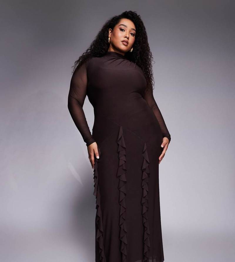 ASOS DESIGN Curve - Langärmliges Maxikleid aus Netzstoff in Schokoladenbraun mit Wasserfall-Rüschenrockdetail-Brown von ASOS Curve