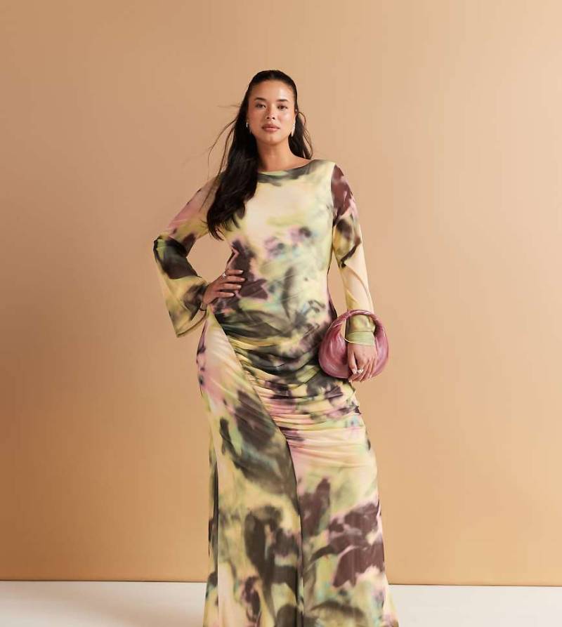 ASOS DESIGN Curve - Langärmliges Maxikleid aus Netzstoff mit Druck in Grün und Gelb und doppelt geschnürtem Rückendetail-Bunt von ASOS Curve