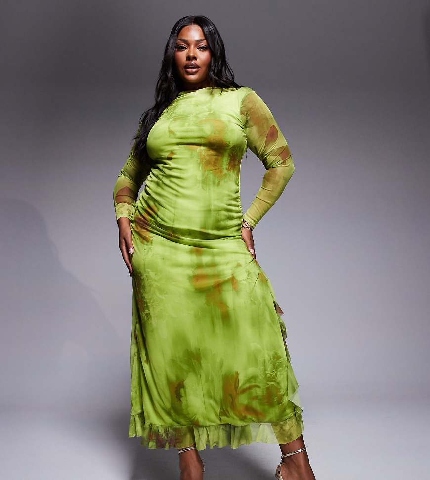 ASOS DESIGN Curve - Langärmliges Maxikleid in Grün aus bedrucktem Mesh mit Rüschen-Bunt ASOS DESIGN Curve - Langärmliges Maxikleid in Grün aus bedrucktem Mesh mit Rüschen-Bunt von ASOS Curve