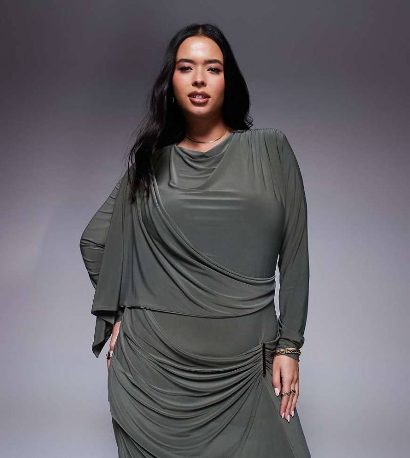 ASOS DESIGN Curve - Langärmliges Maxikleid in Khaki mit drapiertem Rock und Besatz-Grün von ASOS Curve