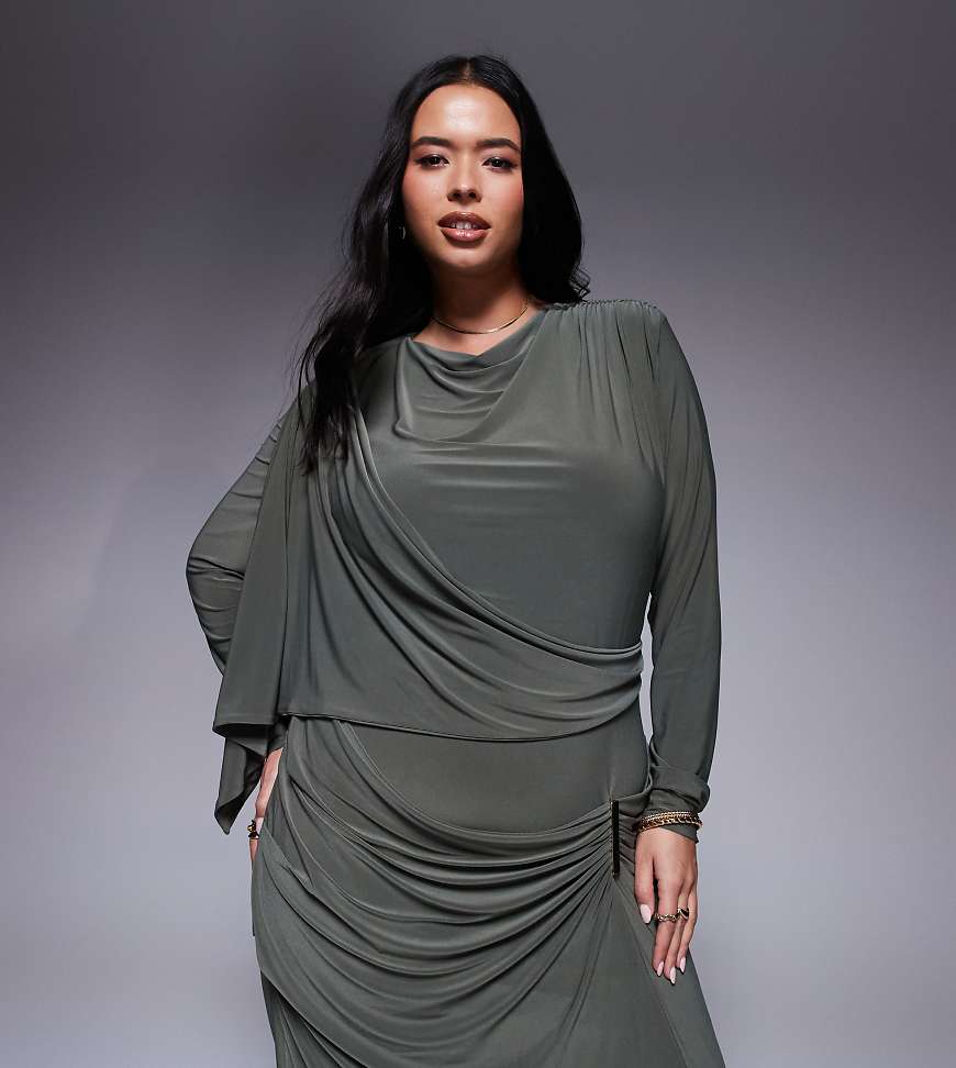 ASOS DESIGN Curve - Langärmliges Maxikleid in Khaki mit drapiertem Rock und Besatz-Grün ASOS DESIGN Curve - Langärmliges Maxikleid in Khaki mit drapiertem Rock und Besatz-Grün von ASOS Curve