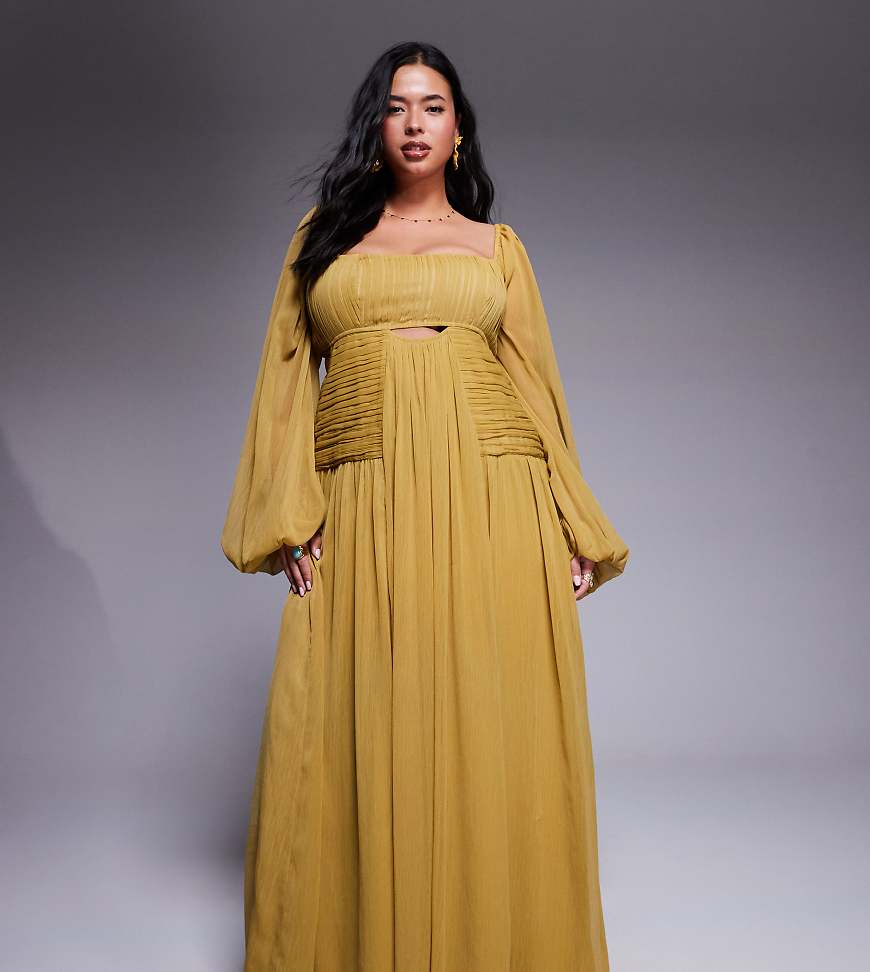 ASOS DESIGN Curve - Langärmliges Maxikleid in Olivgrün mit Cut-out und gerafftem Rock von ASOS Curve