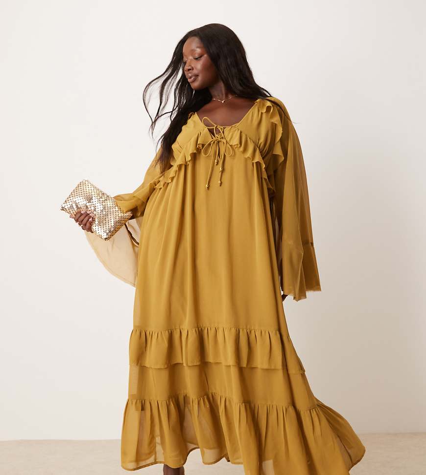 ASOS DESIGN Curve - Langärmliges Maxikleid in Olivgrün mit V-Ausschnitt und Bindedetails von ASOS Curve