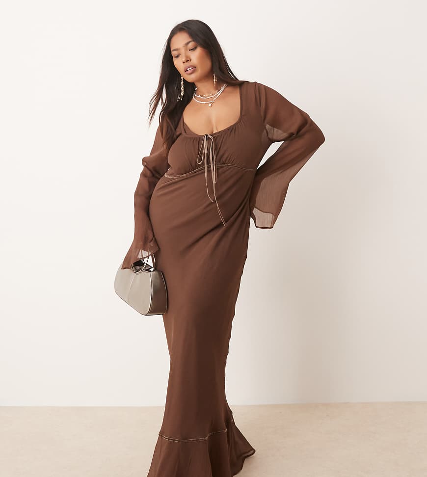 ASOS DESIGN Curve - Langärmliges Maxikleid in Schokobraun mit geraffter Brustpartie von ASOS Curve